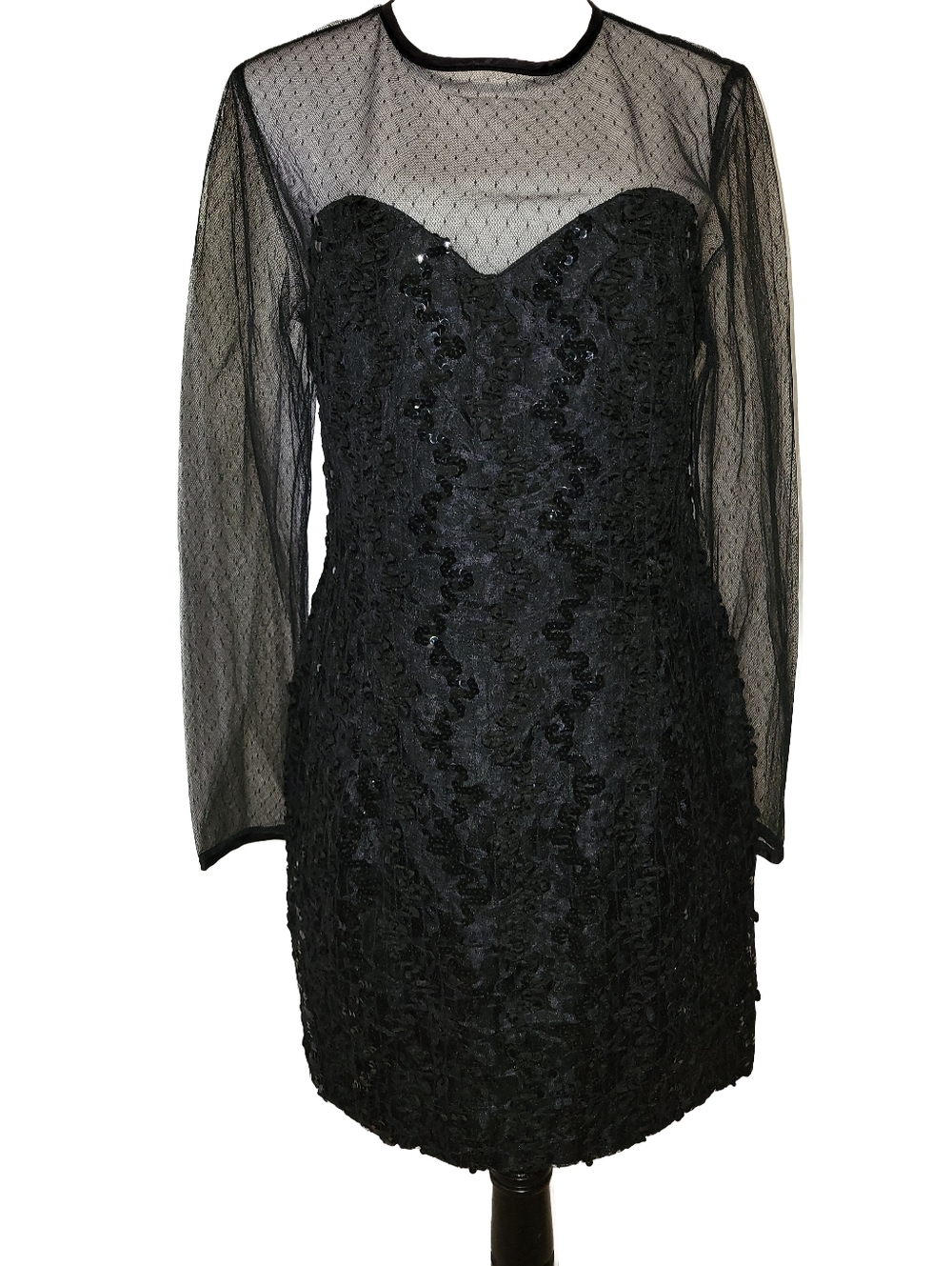 Vintage 80s HW Collections Black Sequin & Mesh Mini Dress Size Jr 11-12